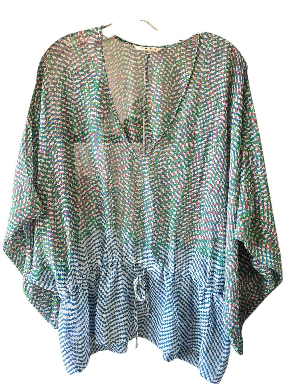 CAbi Arts Multicolor V-Neck Tunic with Dolman Sleeves & Drawstring Size Small